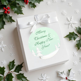 Pegatina Redonda Green Merry Christmas and Snowley Pines