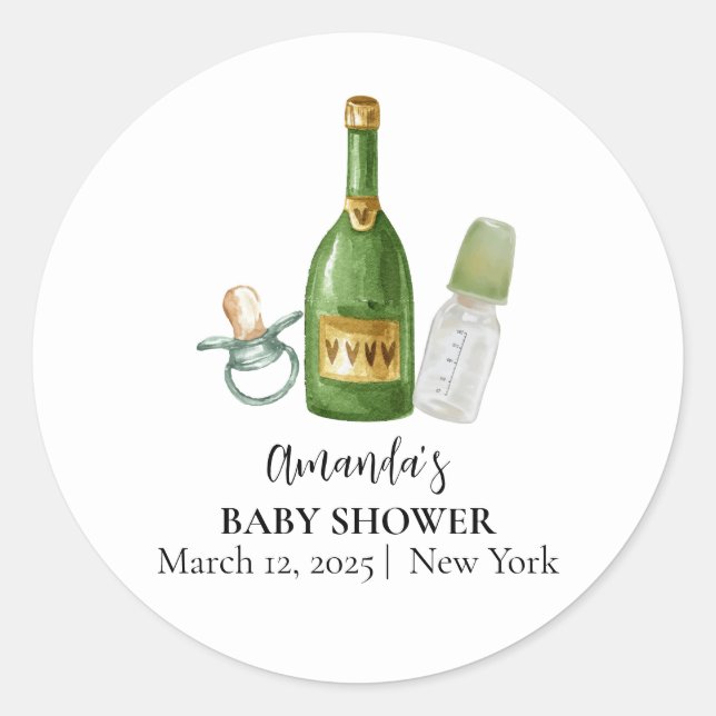 Pegatina Redonda Green Minimal Poppin Champagne Botellas Baby Showe (Anverso)