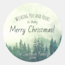 Pegatina Redonda Green Mountain Pines Festious Merry Christmas
