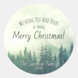 Pegatina Redonda Green Mountain Pines Festious Merry Christmas