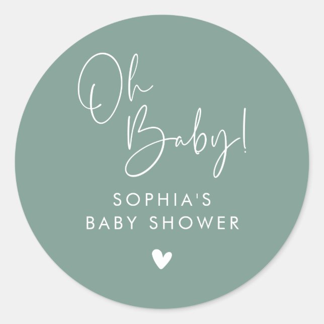 Pegatina Redonda Green Oh Baby Modern Boho Baby Shower (Anverso)