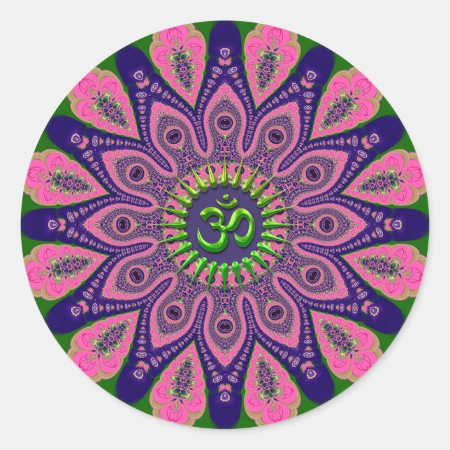 Pegatina Redonda Green Om Funky Pink and Indigo Mandala (Anverso)