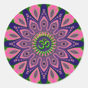 Pegatina Redonda Green Om Funky Pink and Indigo Mandala