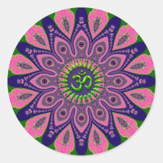 Pegatina Redonda Green Om Funky Pink and Indigo Mandala