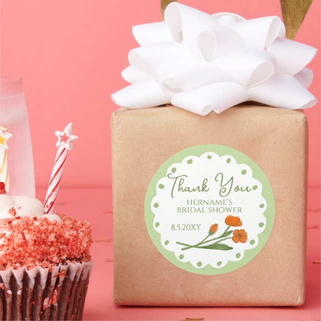 Pegatina Redonda Green Orange Whimsical Thank You Bridal Shower (Fiesta)