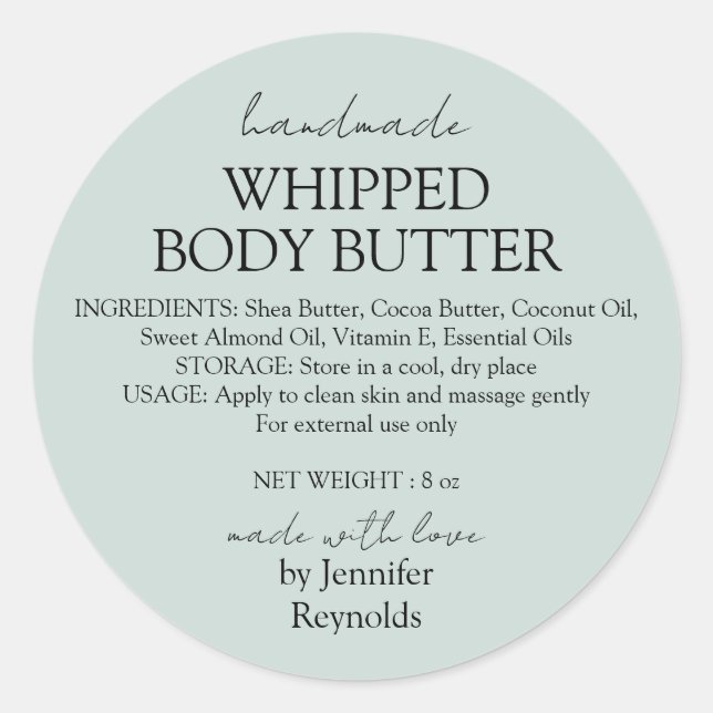 Pegatina Redonda Green Pastel Handmade Body Butter Organic Classic (Anverso)