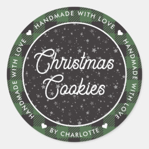 Pegatina Redonda Green Plaid Handmade with Love Navidad Cookies