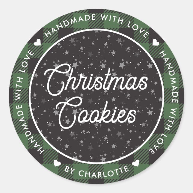 Pegatina Redonda Green Plaid Handmade with Love Navidad Cookies (Anverso)