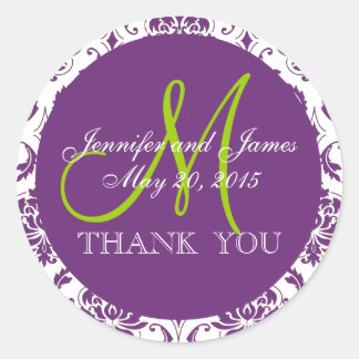 Pegatina Redonda Green Purple Damask Wedding Favor de Gracias