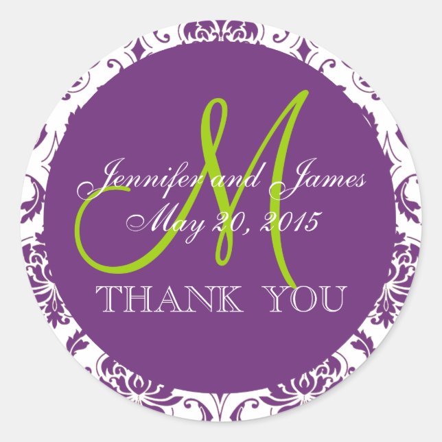 Pegatina Redonda Green Purple Damask Wedding Favor de Gracias (Anverso)
