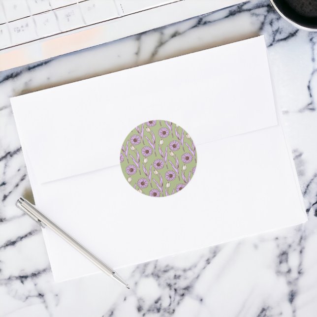 Pegatina Redonda Green Purple Retro Y2K Funky Hippie Flower Pattern (Zazzle Green Purple Retro Y2K Funky Hippie Flower Pattern Sticker)