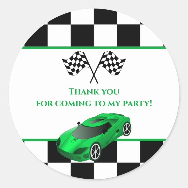 Pegatina Redonda Green Race Car | Kids Cumpleaños Party Favor (Anverso)