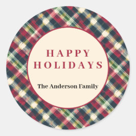 Pegatina Redonda Green Red Tartan Plaid Custom Christmas Holiday