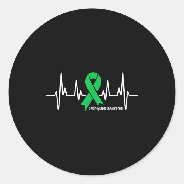 Pegatina Redonda Green Ribbon Heartbeat Kidney Disease Awareness Me (Anverso)
