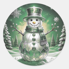 Pegatina Redonda Green Snowman Snowflakes Holiday Sticker