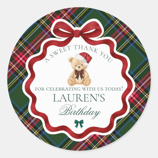 Pegatina Redonda Green Tartan Plaid Christmas Bear Birthday Favor (Anverso)