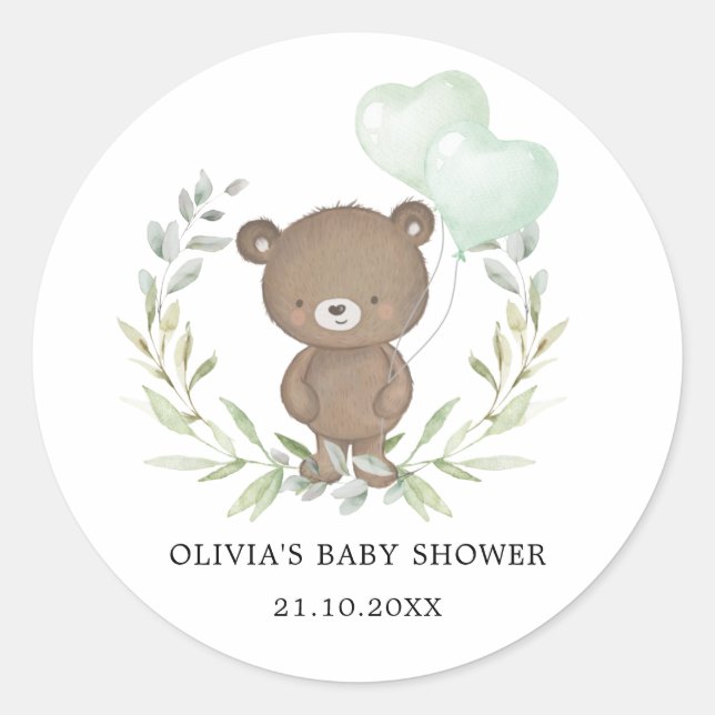 Pegatina Redonda Green Teddy Bear Simple Elegante Baby Shower (Anverso)