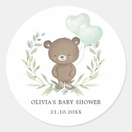 Pegatina Redonda Green Teddy Bear Simple Elegante Baby Shower