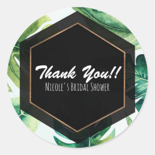 Pegatina Redonda Green Tropical Leaves White Elegant Wedding Favor