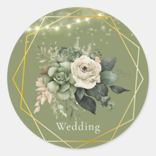 Pegatina Redonda Green White Peony Lights Boda