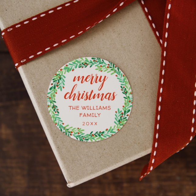 Pegatina Redonda Green Wreath Merry Christmas (Subido por el creador)