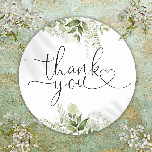 Pegatina Redonda Greeneration Floral Heart Script Gracias (Greenery Floral Heart Script Thank You Classic Round Sticker)