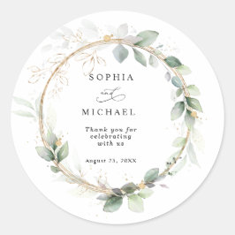 Pegatina Redonda Greenery and Gold Wedding Sticker
