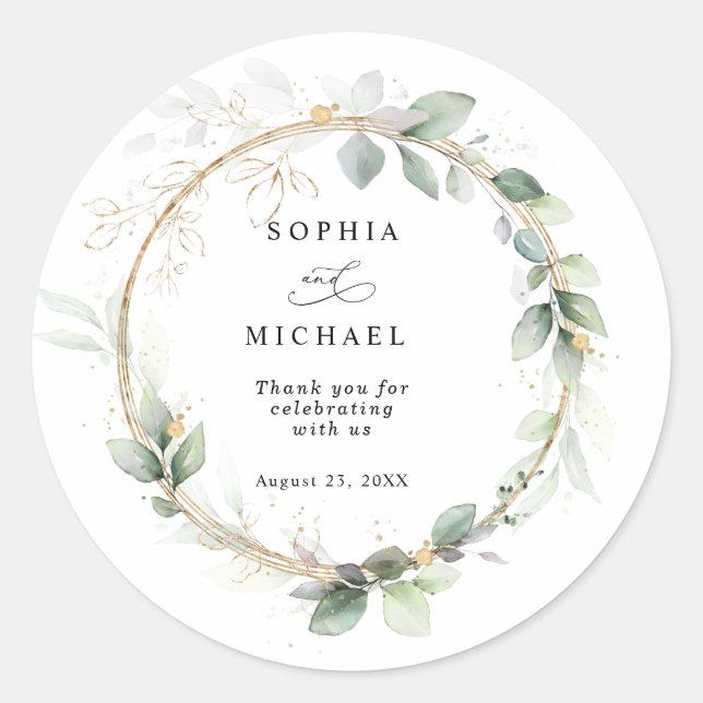 Pegatina Redonda Greenery and Gold Wedding Sticker (Anverso)