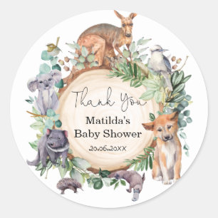 Pegatina Redonda Greenery Australian Wild Animals Baby Shower