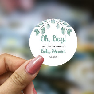 Pegatina Redonda Greenery Baby Shower Oh boy