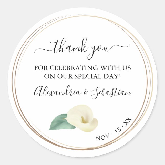 Pegatina Redonda Greenery Calla Lily Boda Gracias (Anverso)