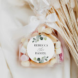 Pegatina Redonda Greenery Eucalyptus Boda personalizada<br><div class="desc">Diseñado para coordinar con nuestra colección de bodas Boho Greenery,  este Pegatina de personalizable,  cuenta con una rama de eucalipto acuarela con texto gráfico de caligrafía,  junto con un serif elegante en negro. Elementos coincidentes disponibles.</div>