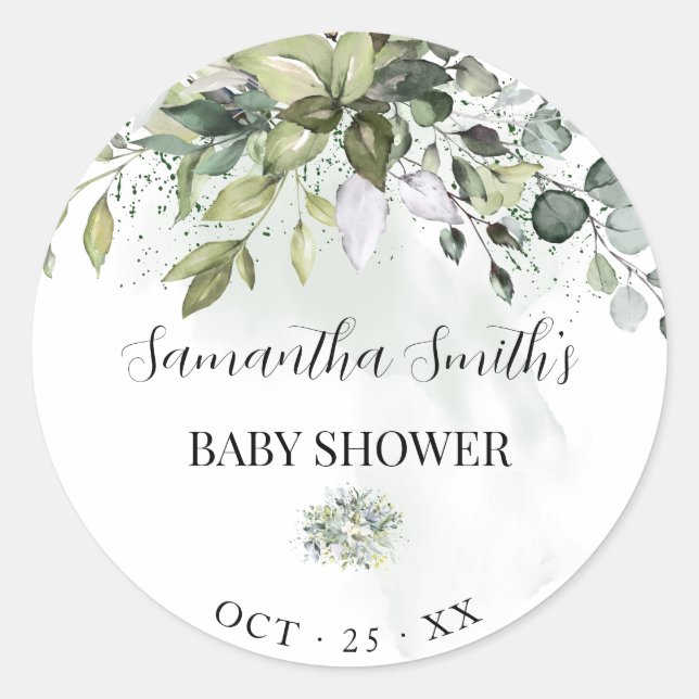 Pegatina Redonda Greenery Eucalyptus Neutral Baby Shower (Anverso)