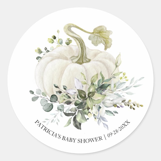 Pegatina Redonda Greenery Eucalyptus Pumpkin Fall Baby Shower (Anverso)