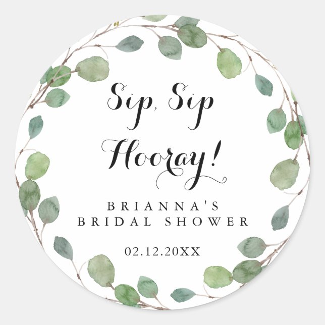 Pegatina Redonda Greenery Eucalyptus Sip Sip Hooray Bridal Shower (Anverso)