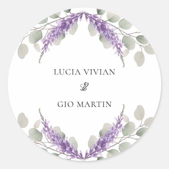 Pegatina Redonda Greenery Eucalyptus Violet Lavender Boda (Anverso)
