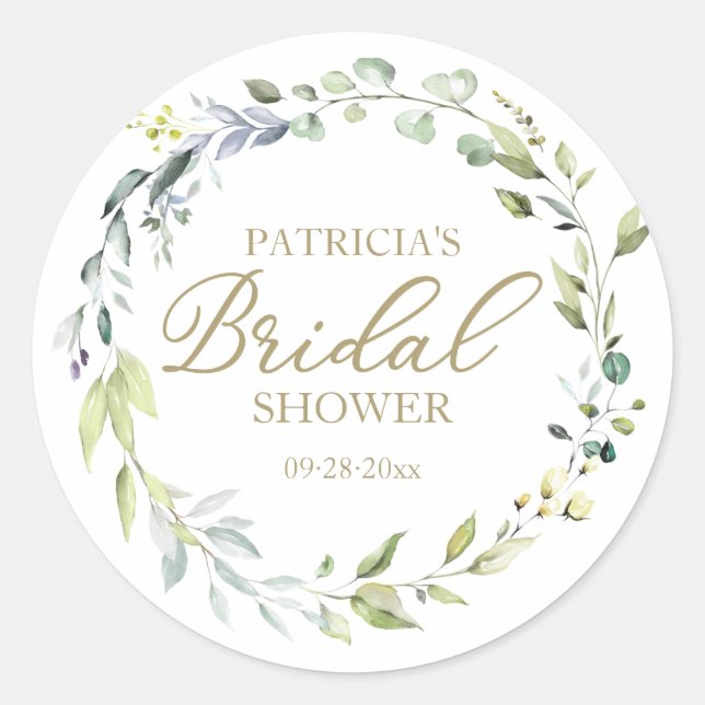 Pegatina Redonda Greenery Eucalyptus Wreath Bridal Shower Favorito  (Anverso)