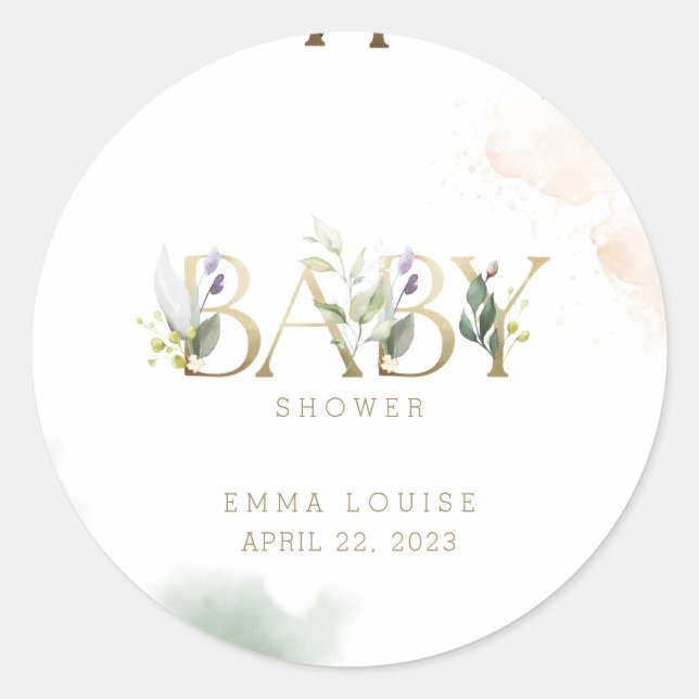 Pegatina Redonda Greenery Gold Eucalyptus Baby Shower (Anverso)