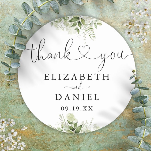 Pegatina Redonda Greenery Heart Script Gracias Favor De La Boda (Greenery Heart Script Thank You Wedding Favor Classic Round Sticker)