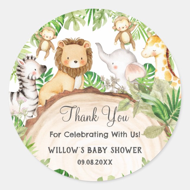 Pegatina Redonda Greenery Jungle Animals Baby Shower Primer cumplea (Anverso)