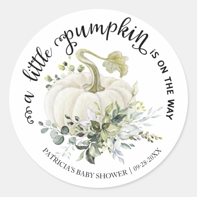 Pegatina Redonda Greenery Little Pumpkin Fall Baby Shower (Anverso)