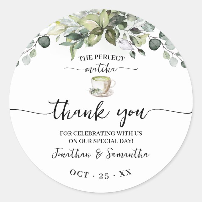 Pegatina Redonda Greenery Matcha Thank You Bridal Shower Favor (Anverso)