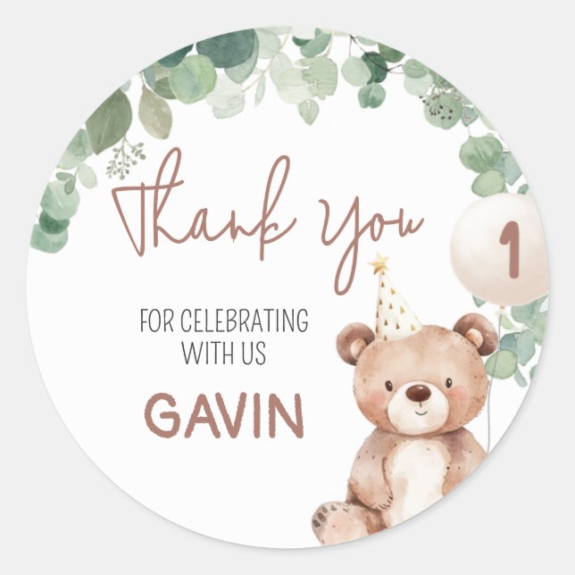 Pegatina Redonda Greenery Teddy Bear Birthday Party (Anverso)