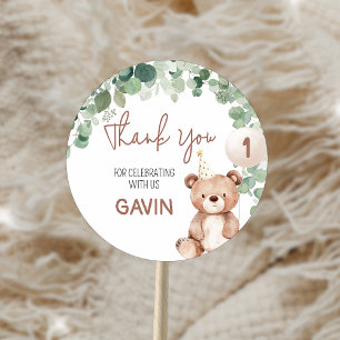Pegatina Redonda Greenery Teddy Bear Birthday Party