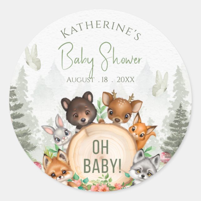 Pegatina Redonda Greenery Woodland Animals Baby Shower (Anverso)