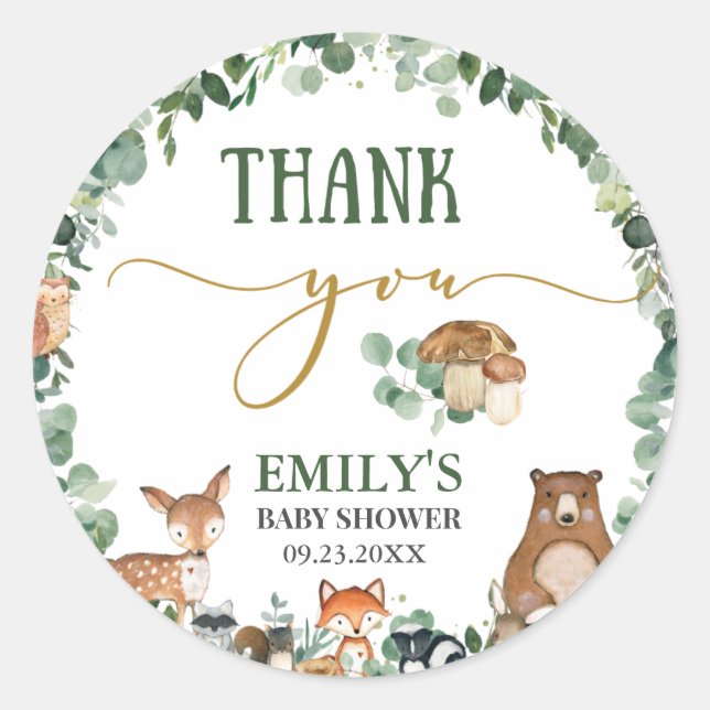 Pegatina Redonda Greenery Woodland Animals Baby Shower Cumpleaños (Anverso)