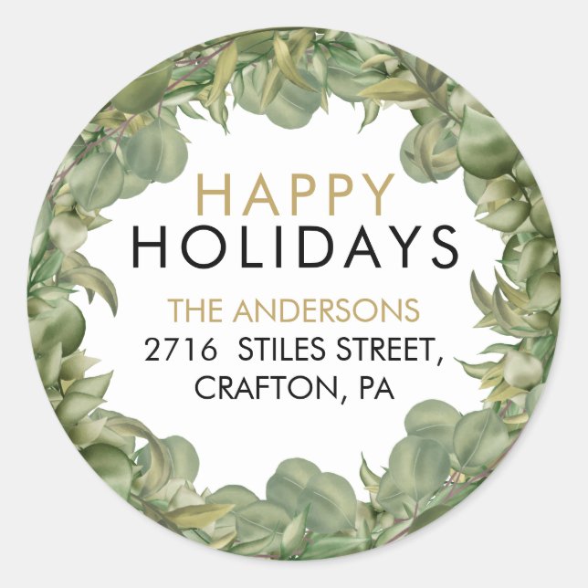 Pegatina Redonda Greenery Wreath Happy Holidays Return Address (Anverso)