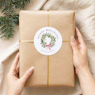Pegatina Redonda Greenery Wreath & Red Bow Holiday