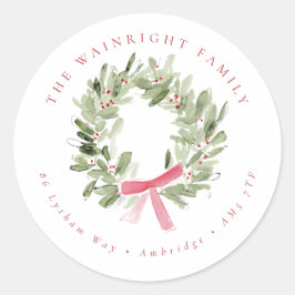 Pegatina Redonda Greenery Wreath & Red Bow Holiday Return Address