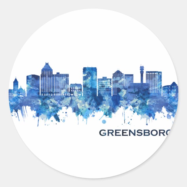 Pegatina Redonda Greensboro North Carolina Skyline Blue (Anverso)